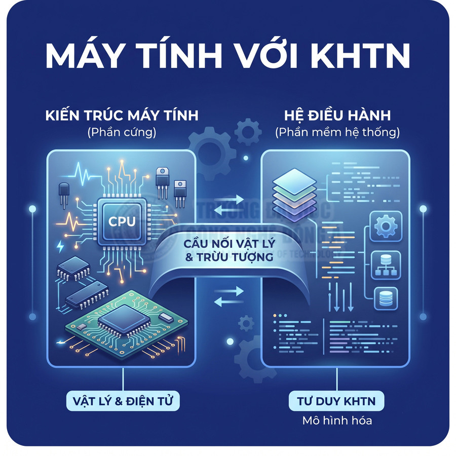 Sơ đồ kiến trúc máy tính với CPU, bo mạch, hệ điều hành và dữ liệu minh họa kết nối vật lý và tư duy khoa học