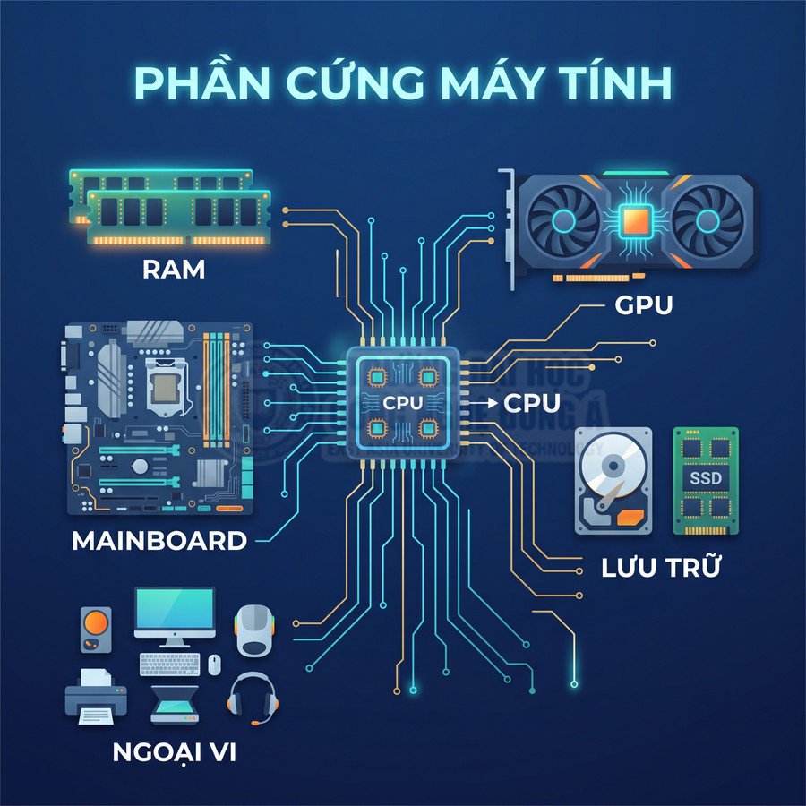 Minh họa các bộ phận phần cứng máy tính gồm CPU, RAM, GPU, mainboard, ổ lưu trữ và thiết bị ngoại vi