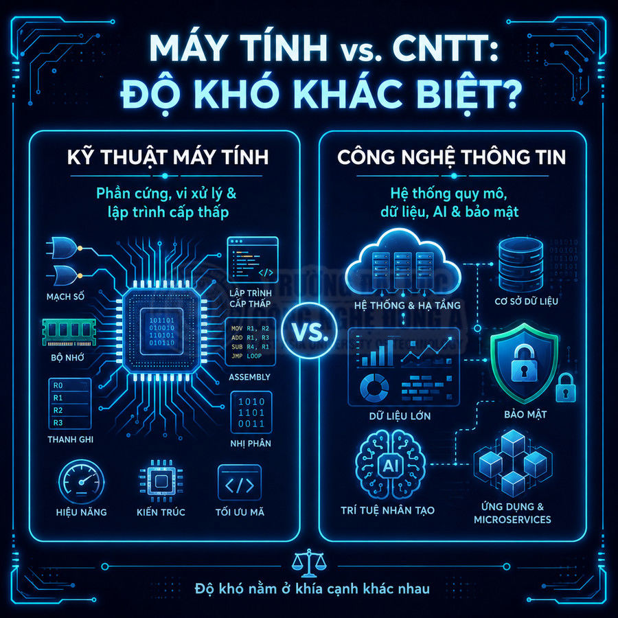 So sánh độ khó ngành Kỹ thuật máy tính và Công nghệ thông tin với các mảng phần cứng, lập trình, dữ liệu, AI, bảo mật