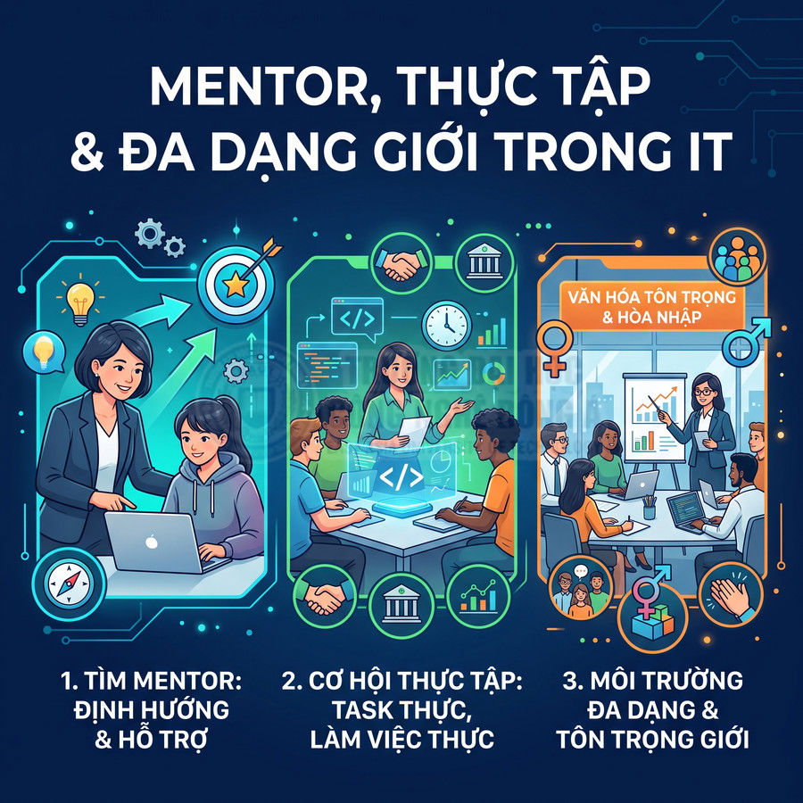 Minh họa chương trình mentor và thực tập IT với môi trường làm việc đa dạng, tôn trọng giới và hỗ trợ phát triển kỹ năng