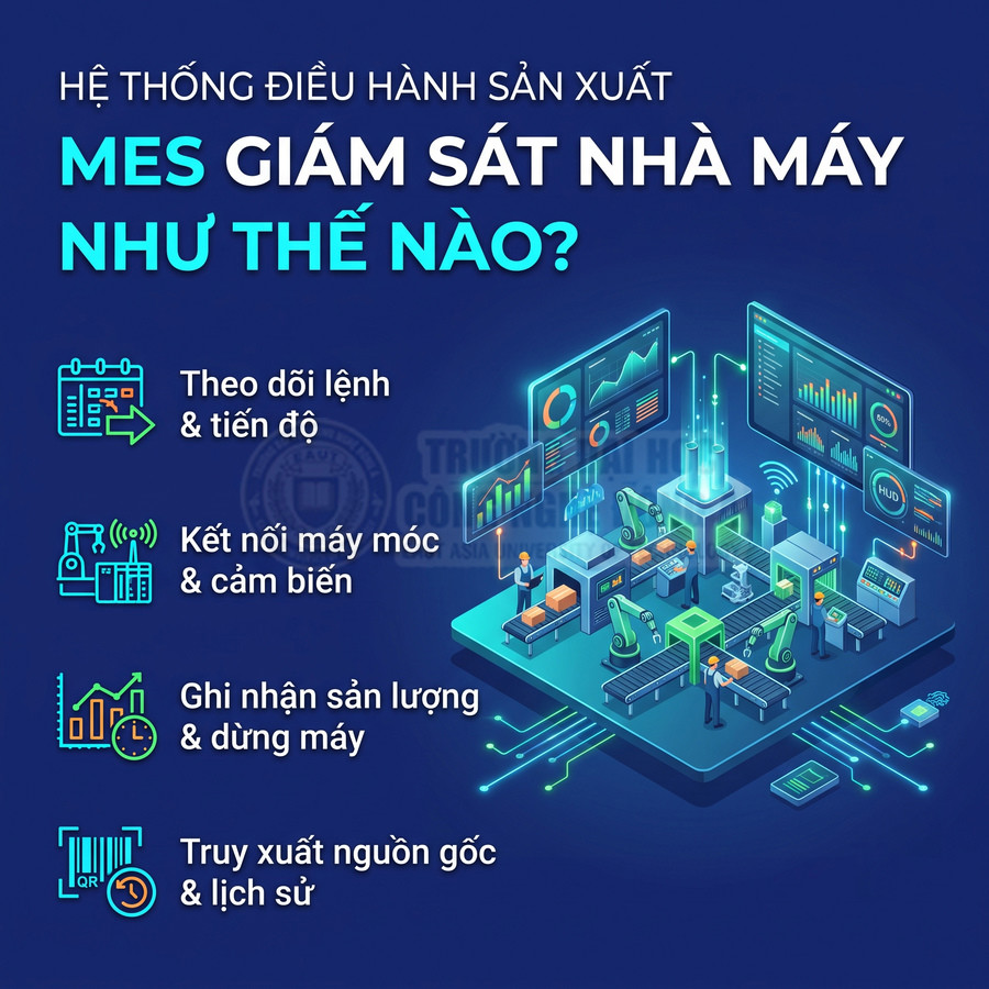 Hệ thống MES giám sát nhà máy với bảng điều khiển, máy móc và dây chuyền sản xuất tự động