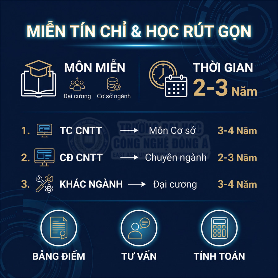 Poster chương trình miễn tín chỉ và học rút gọn 2 3 năm của Trường Đại học Công nghệ Đông Á