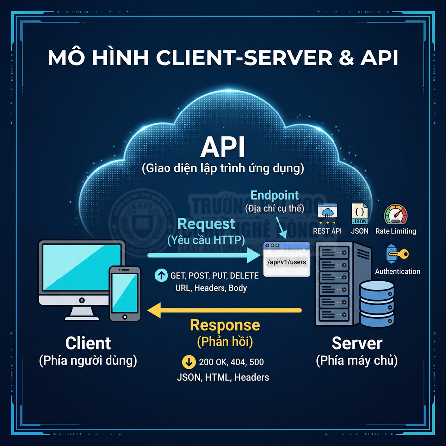 Mô hình client server và API minh họa cách client gửi request và server trả response qua endpoint