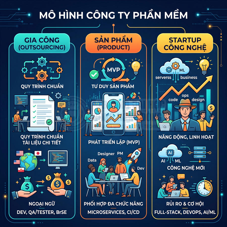 Mô hình công ty phần mềm với ba hướng gia công, sản phẩm và startup công nghệ, minh họa quy trình và vai trò nhân sự