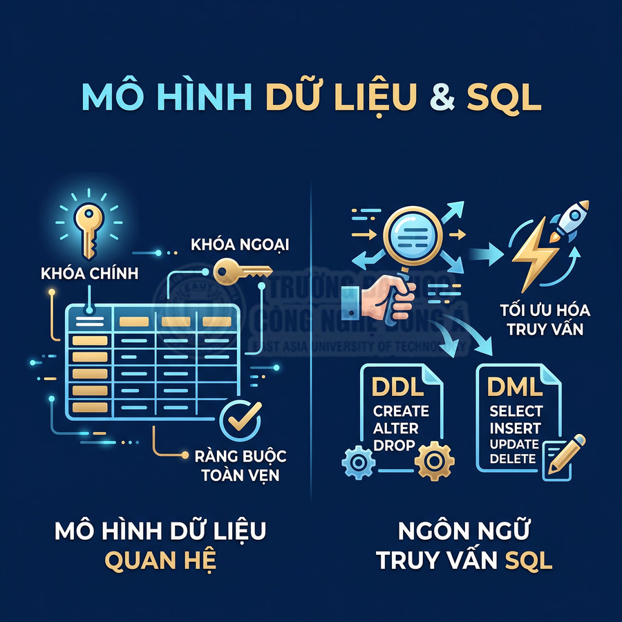 Minh họa mô hình dữ liệu quan hệ với khóa chính, khóa ngoại và ngôn ngữ truy vấn SQL DDL DML