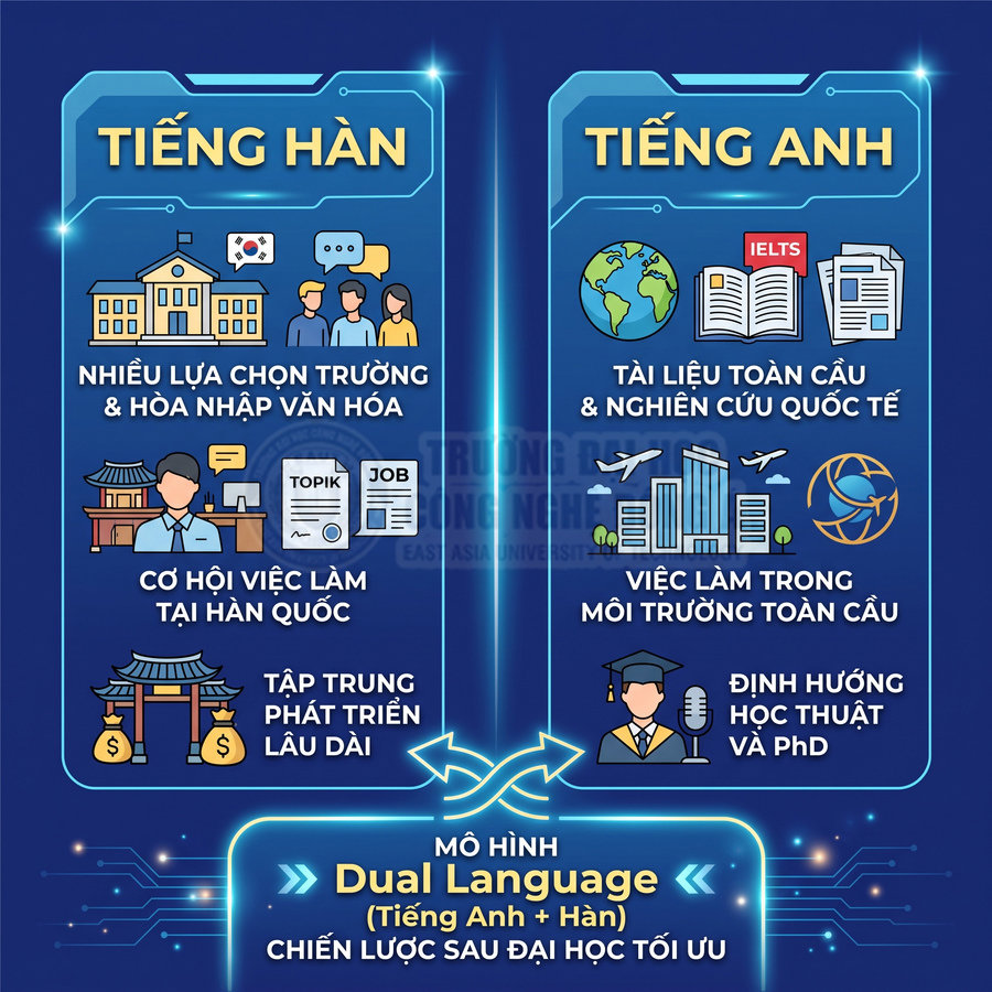 Infographic so sánh lợi ích học tiếng Hàn và tiếng Anh trong mô hình Dual Language của Trường Đại học Đông Á
