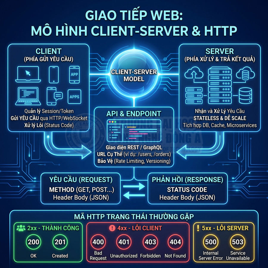 Sơ đồ mô hình giao tiếp web client server qua HTTP, API endpoint và các mã trạng thái HTTP phổ biến