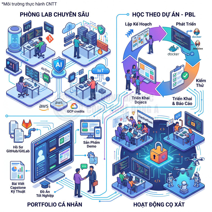 Mô hình môi trường thực hành CNTT với phòng lab AI, học theo dự án, portfolio cá nhân và hoạt động hackathon