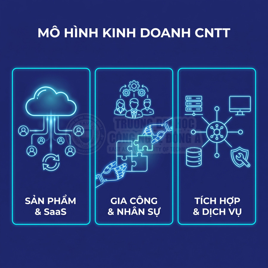 Mô hình kinh doanh CNTT gồm sản phẩm SaaS, gia công và nhân sự, tích hợp và dịch vụ
