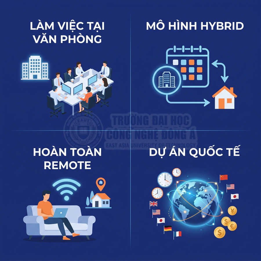 Mô hình làm việc linh hoạt: tại văn phòng, hybrid, làm remote và tham gia dự án quốc tế