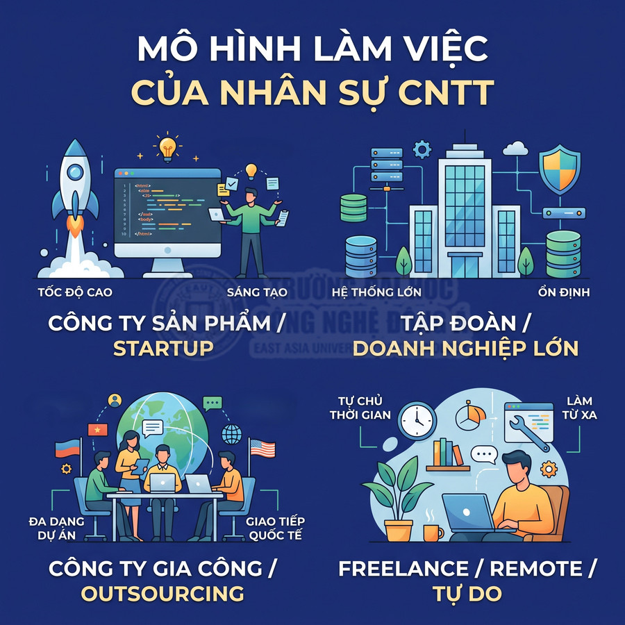 Mô hình làm việc của nhân sự CNTT tại startup, tập đoàn, công ty outsourcing và freelance remote tự do