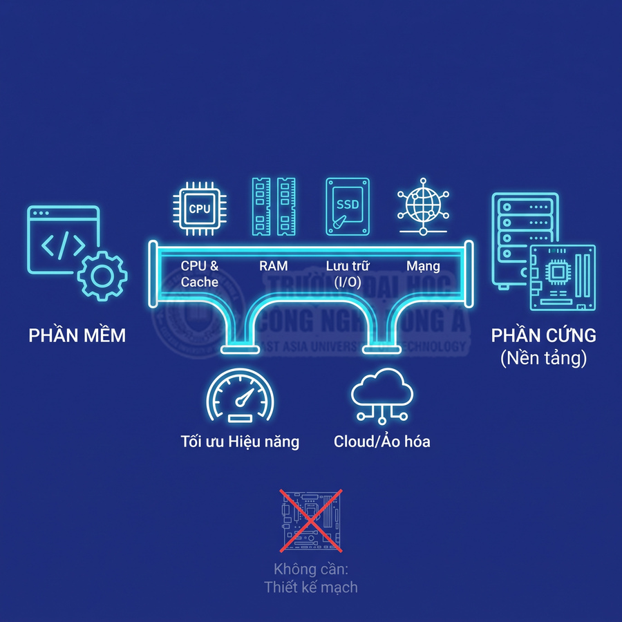 Sơ đồ minh họa mối liên kết giữa phần mềm, CPU, RAM, lưu trữ, mạng và phần cứng nền tảng trong tối ưu hiệu năng
