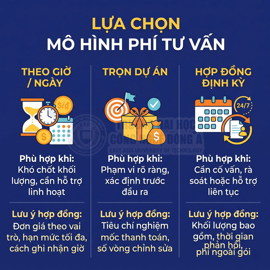Ba mô hình phí tư vấn gồm tính theo giờ hoặc ngày, trọn dự án và hợp đồng định kỳ, kèm lưu ý khi ký hợp đồng.
