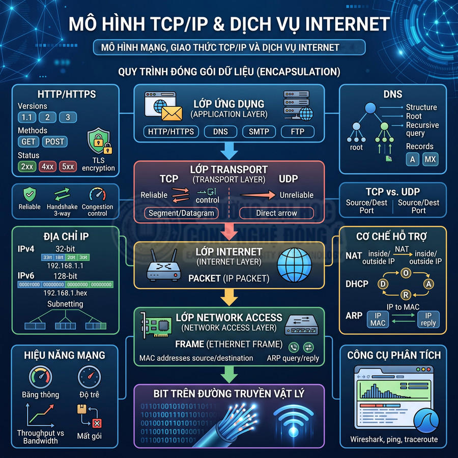 Infographic mô hình TCP IP và dịch vụ Internet với các lớp giao thức, địa chỉ IP, DNS và cơ chế hỗ trợ mạng