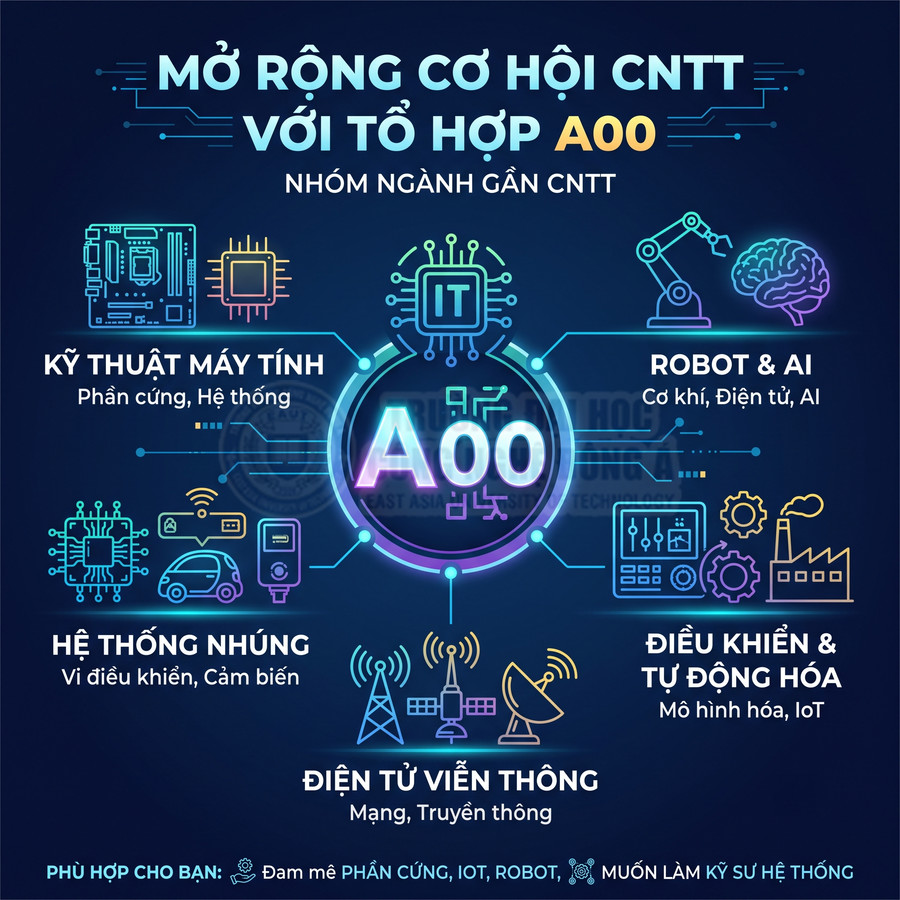 Tổ hợp A00 mở rộng cơ hội ngành CNTT gồm kỹ thuật máy tính, robot AI, hệ thống nhúng, điều khiển tự động, điện tử viễn thông