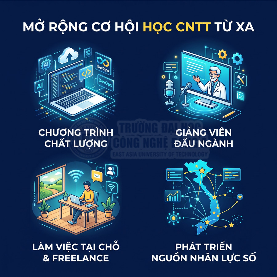 Poster giới thiệu chương trình học CNTT từ xa với laptop lập trình, giảng viên online, làm việc freelance và bản đồ nhân lực số
