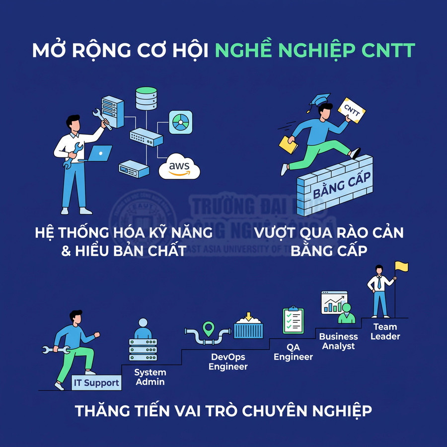 Poster cơ hội nghề nghiệp CNTT với lộ trình từ IT Support đến Team Leader và kỹ năng hệ thống hóa, vượt rào cản bằng cấp