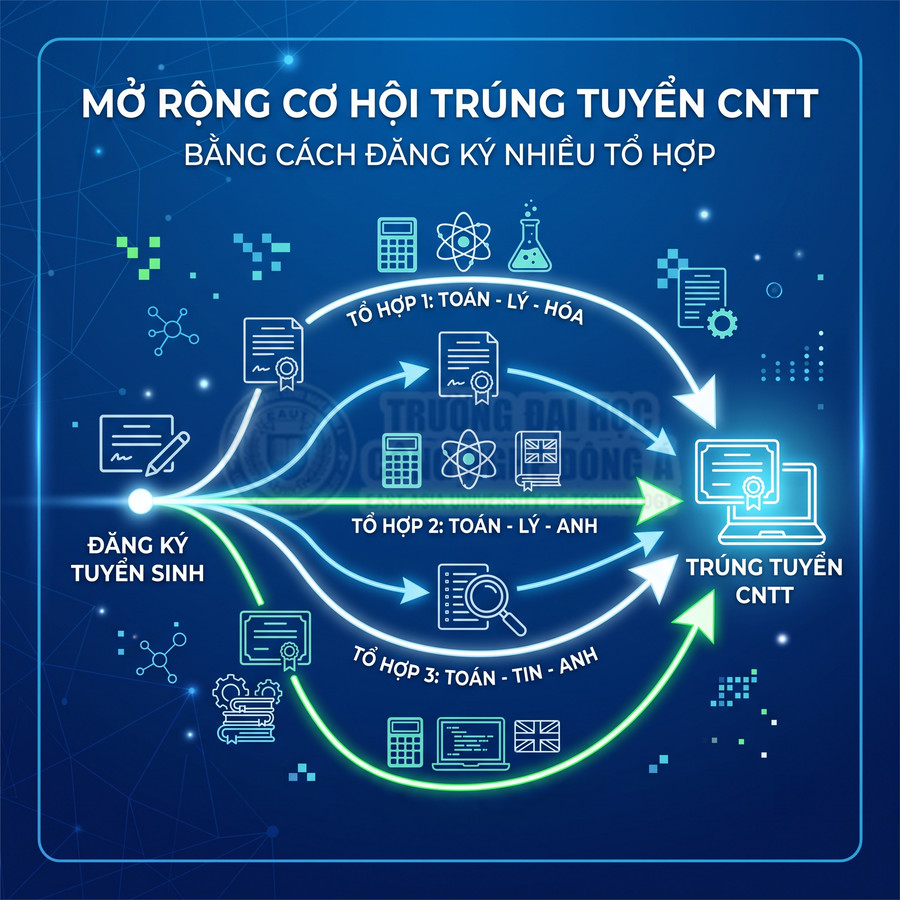Sơ đồ đăng ký nhiều tổ hợp môn để tăng cơ hội trúng tuyển ngành công nghệ thông tin