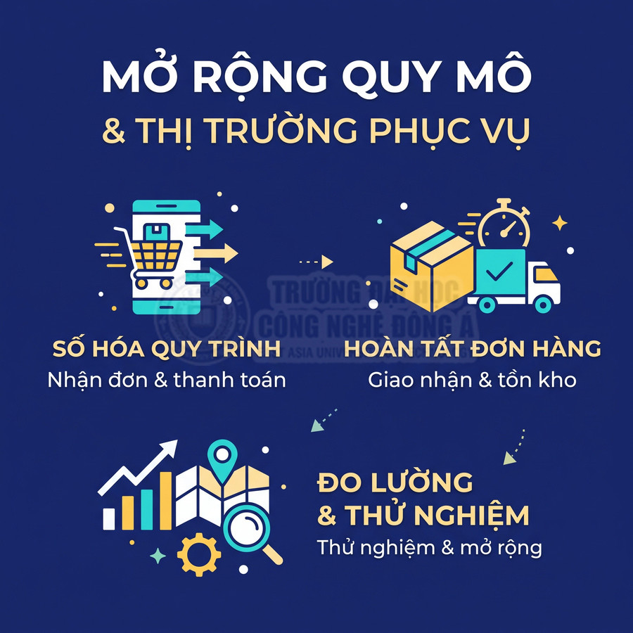 Các bước mở rộng quy mô và thị trường gồm số hóa quy trình, hoàn tất đơn hàng, đo lường và thử nghiệm mở rộng.