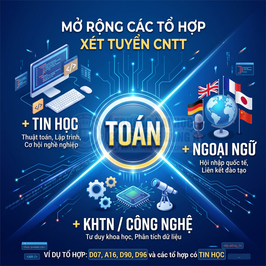 Poster tuyển sinh CNTT với các tổ hợp Toán kết hợp Tin học, Ngoại ngữ, KHTN Công nghệ và cơ hội nghề nghiệp