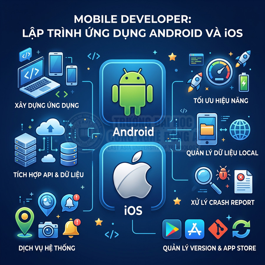 Poster giới thiệu khóa học lập trình ứng dụng di động Android và iOS với các kỹ năng phát triển, tối ưu và quản lý app