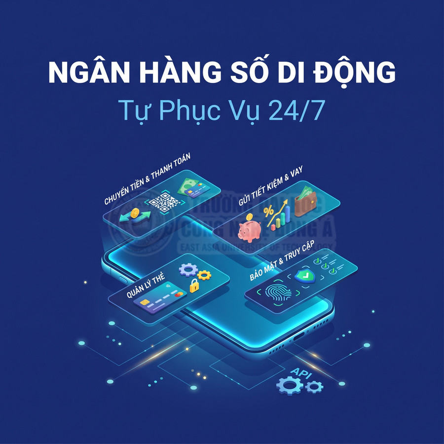 Minh họa ngân hàng số trên điện thoại với tính năng chuyển tiền, thanh toán, tiết kiệm, vay và bảo mật sinh trắc học