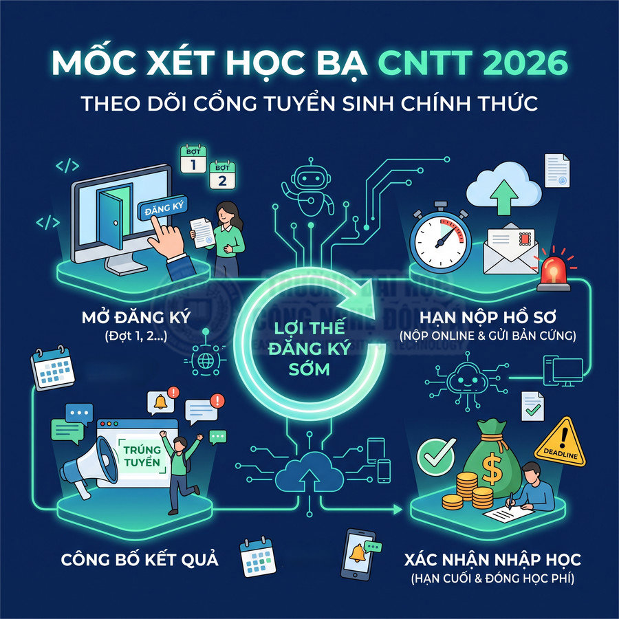 Infographic mốc xét học bạ CNTT 2026 với các bước đăng ký, nộp hồ sơ, công bố kết quả và xác nhận nhập học