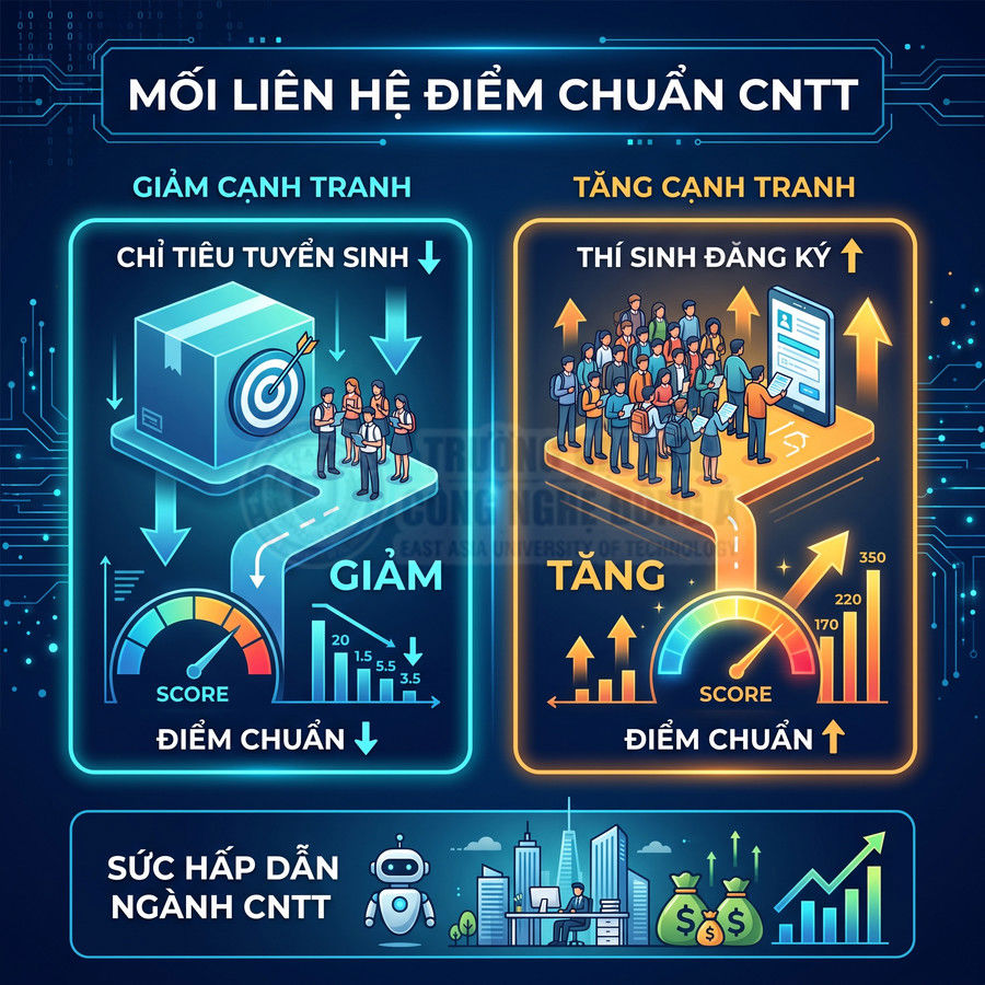 Mối liên hệ điểm chuẩn ngành CNTT với chỉ tiêu tuyển sinh, số thí sinh đăng ký và sức hấp dẫn ngành