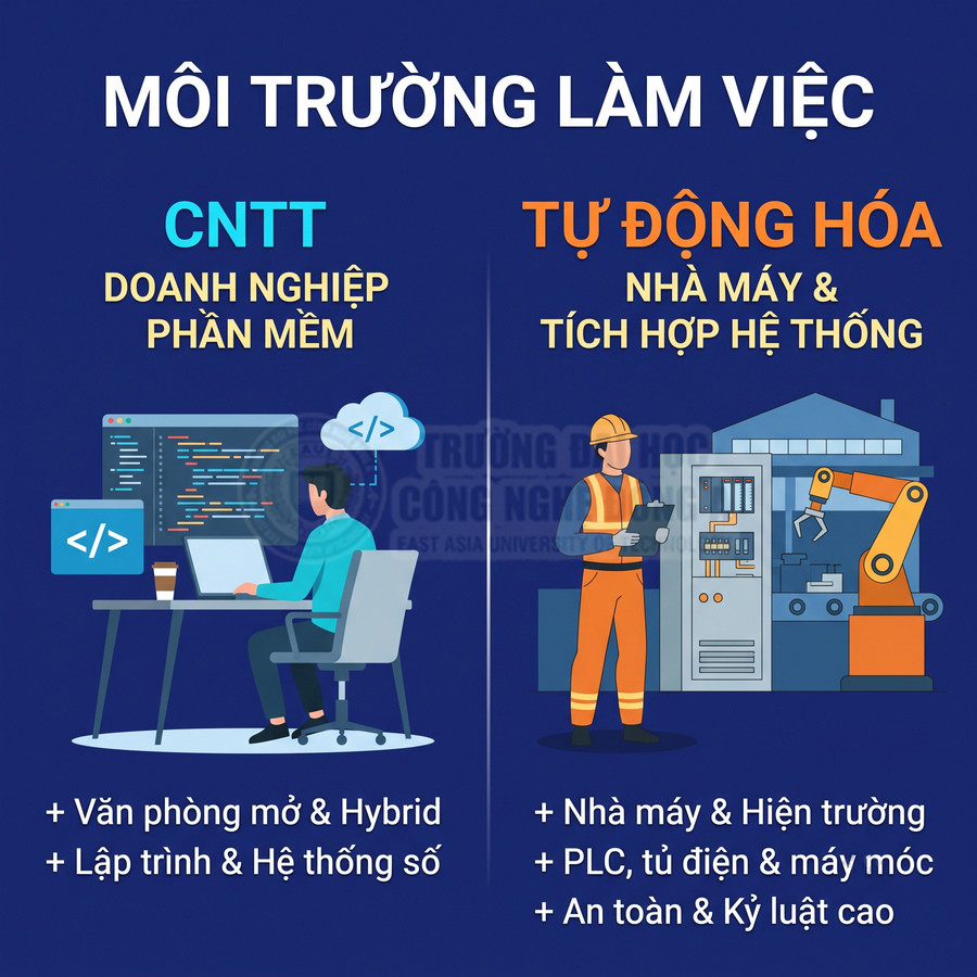 Môi trường làm việc ngành CNTT với lập trình viên và ngành tự động hóa với kỹ thuật viên, robot công nghiệp