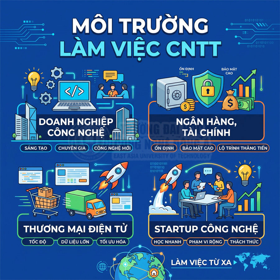Môi trường làm việc ngành CNTT với doanh nghiệp công nghệ, ngân hàng tài chính, thương mại điện tử và startup công nghệ