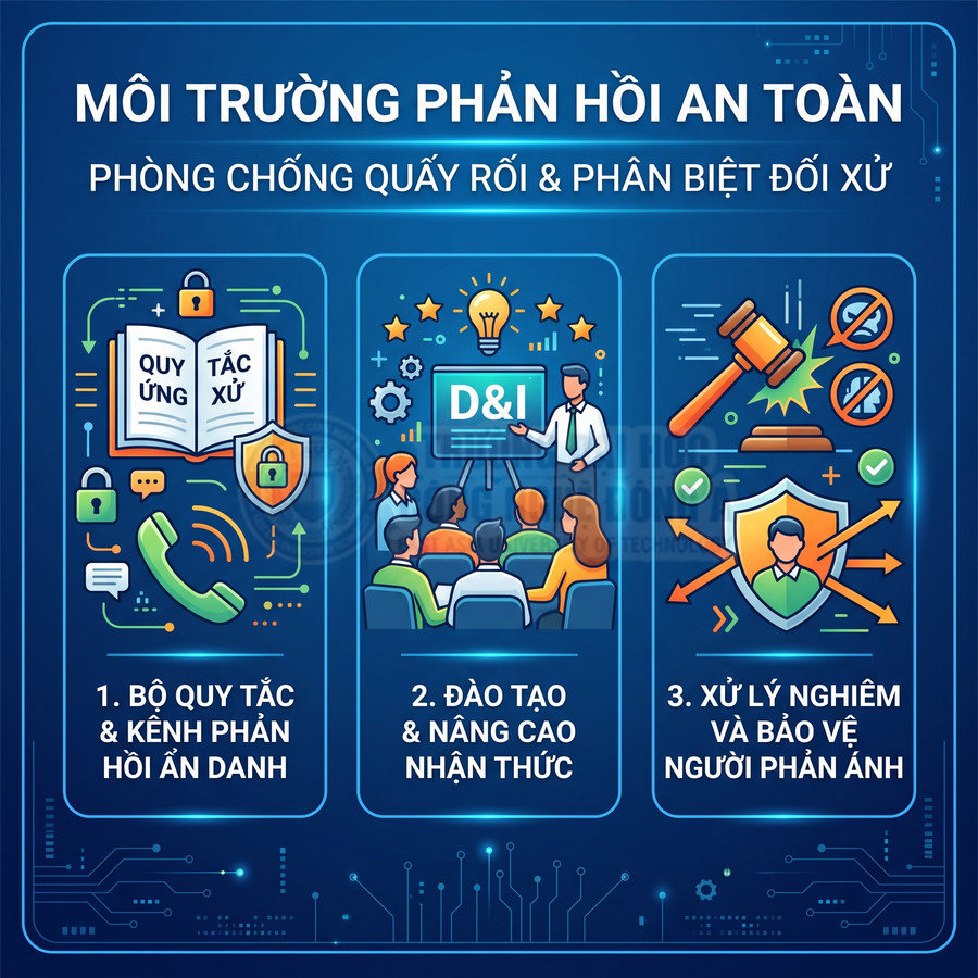 Môi trường phản hồi an toàn phòng chống quấy rối với quy tắc ứng xử đào tạo nhận thức và bảo vệ người phản ánh