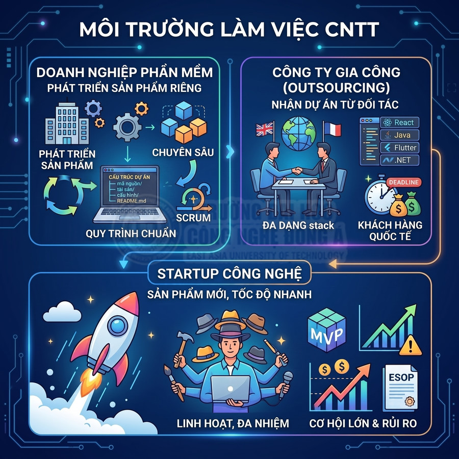 Infographic môi trường làm việc CNTT với doanh nghiệp phần mềm, công ty gia công và startup công nghệ