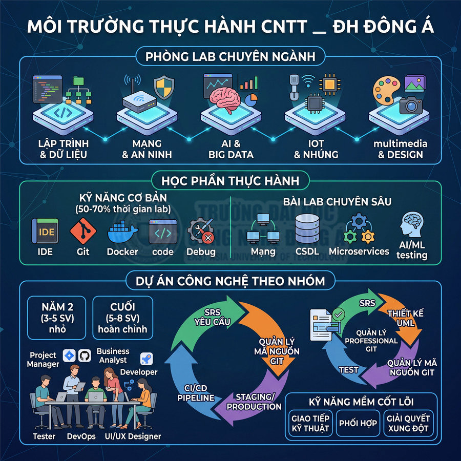 Môi trường thực hành CNTT tại Đại học Đông Á với phòng lab lập trình, AI, IoT, an ninh mạng và thiết kế multimedia
