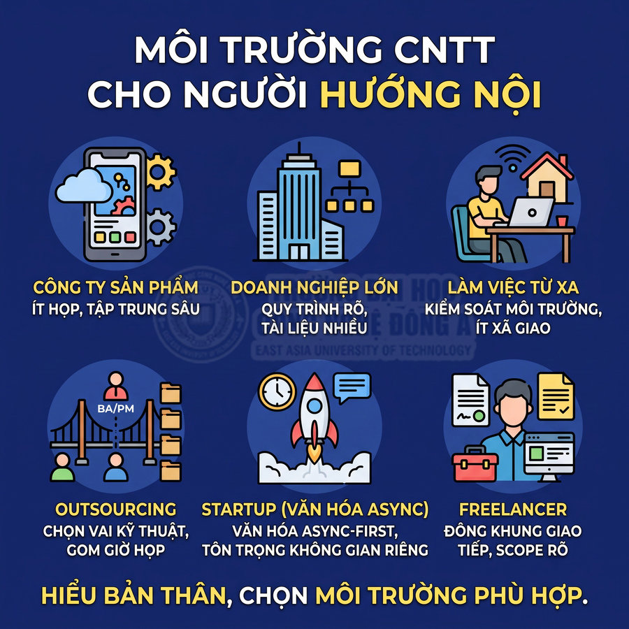 Môi trường làm việc CNTT phù hợp người hướng nội như công ty sản phẩm, doanh nghiệp lớn, remote, outsourcing, startup, freelancer