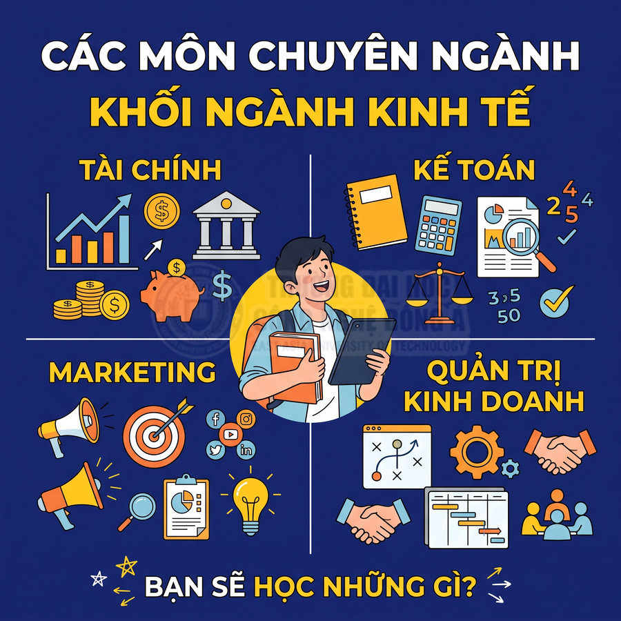 Các môn chuyên ngành khối kinh tế gồm tài chính, kế toán, marketing và quản trị kinh doanh