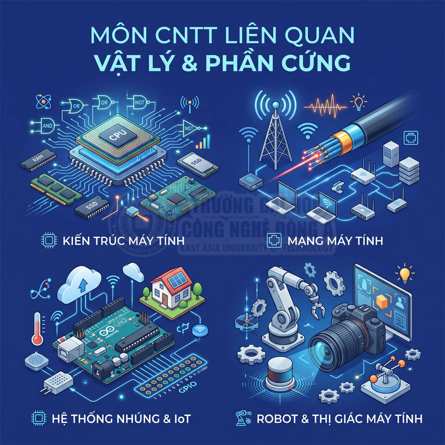 Minh họa các lĩnh vực phần cứng CNTT gồm kiến trúc máy tính, mạng, hệ thống nhúng IoT và robot thị giác máy tính
