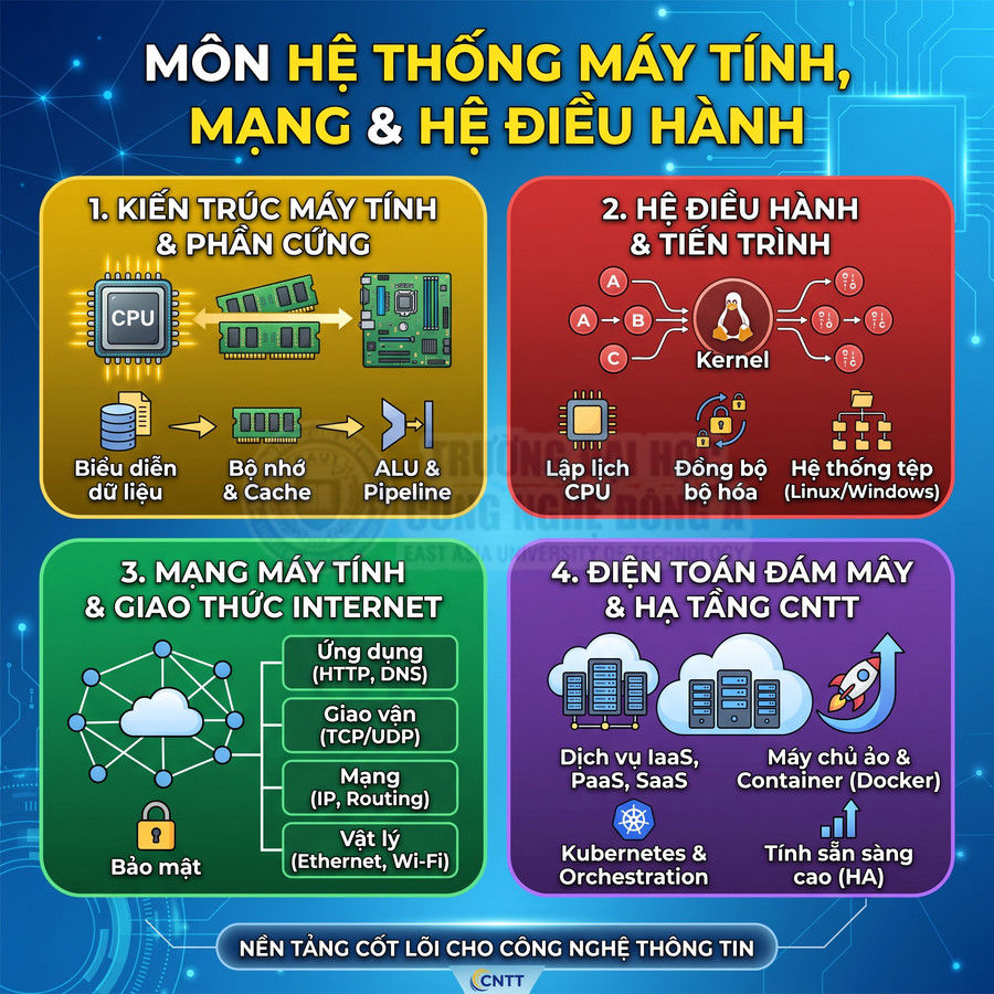 Infographic môn Hệ thống máy tính, Mạng và Hệ điều hành với kiến trúc phần cứng, mạng Internet và điện toán đám mây