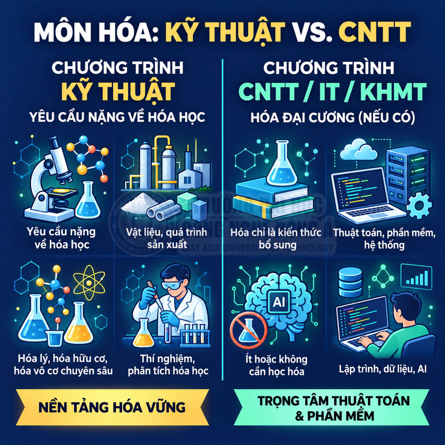 Infographic so sánh môn Hóa trong chương trình kỹ thuật và CNTT, nhấn mạnh nền tảng hóa vững vs trọng tâm thuật toán, phần mềm