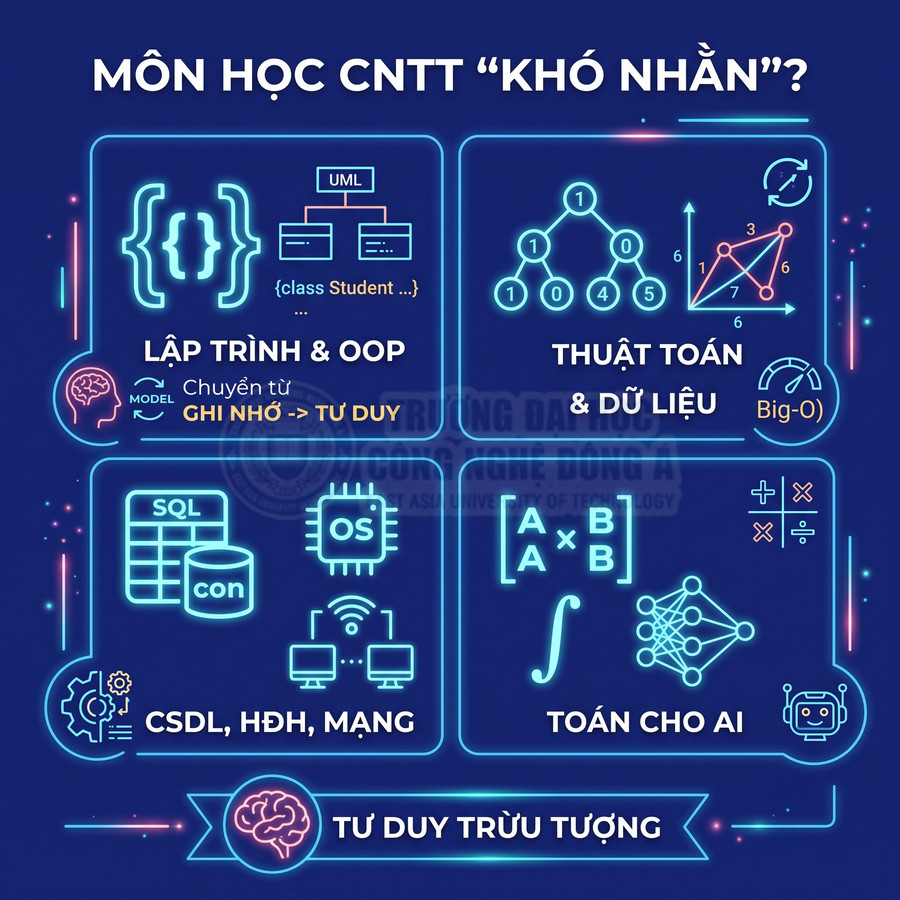 Infographic các môn học CNTT khó như lập trình OOP, thuật toán dữ liệu, CSDL hệ điều hành mạng và toán cho AI