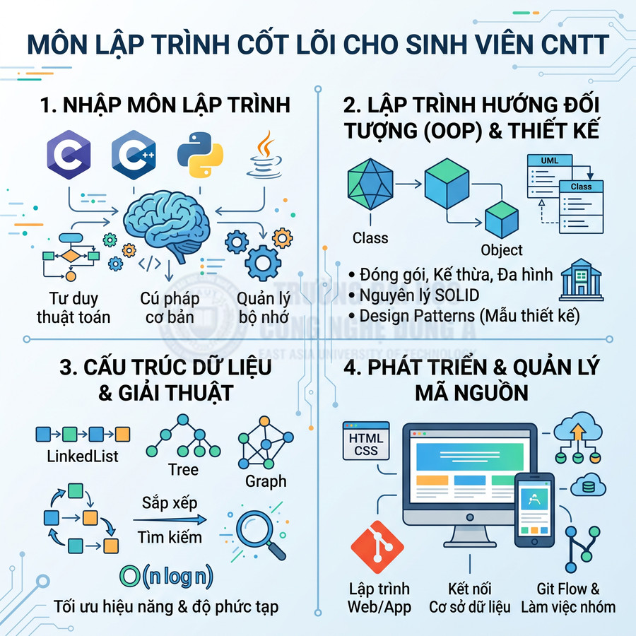 Tổng quan các môn lập trình cốt lõi cho sinh viên CNTT như C C++ Python OOP cấu trúc dữ liệu và phát triển web