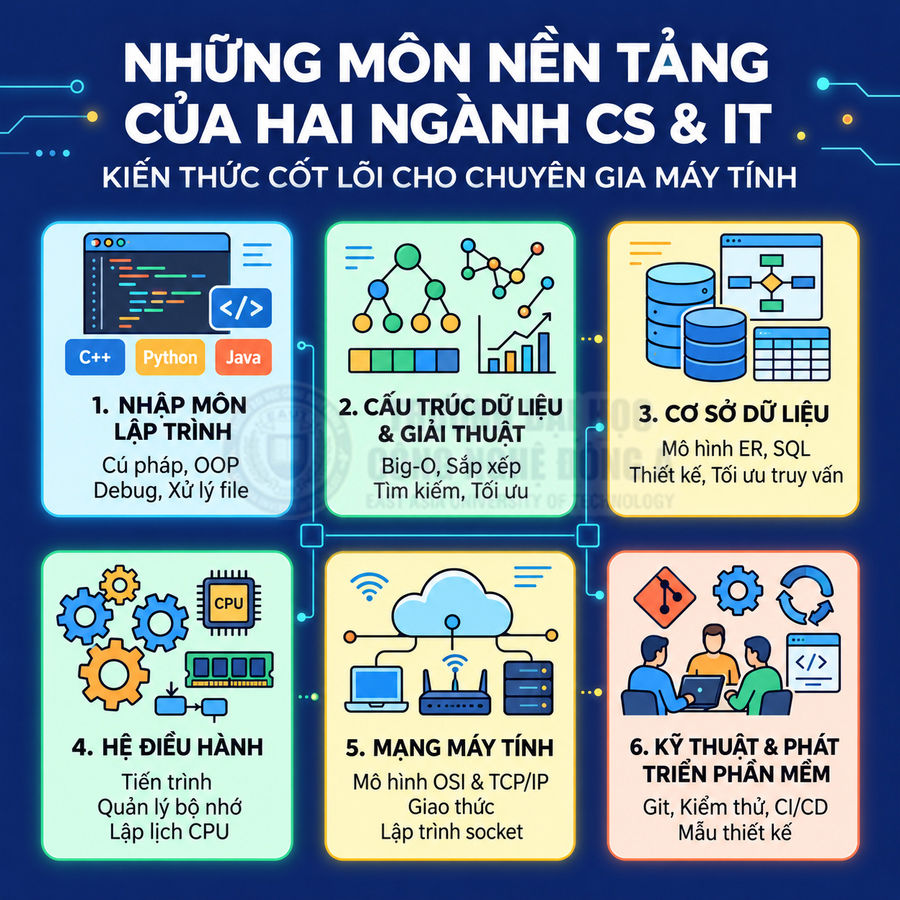 Infographic các môn nền tảng ngành Khoa học máy tính và Công nghệ thông tin như lập trình, cấu trúc dữ liệu, cơ sở dữ liệu