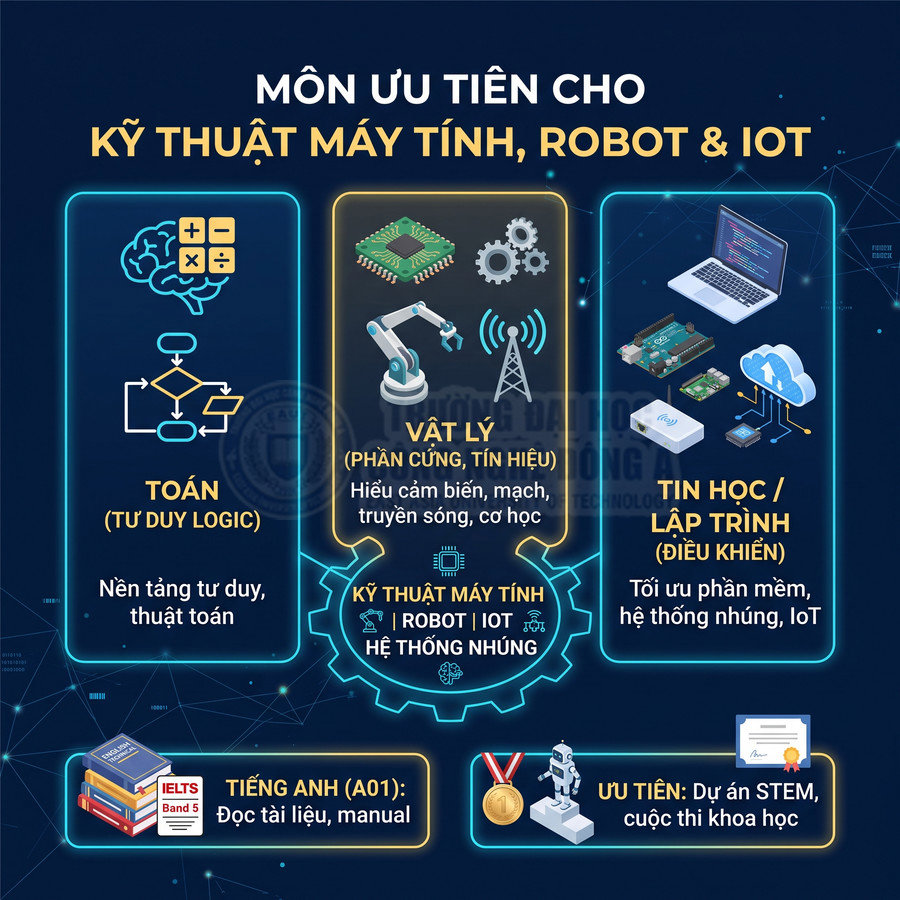 Infographic các môn ưu tiên cho kỹ thuật máy tính robot IoT gồm toán vật lý tin học tiếng Anh và dự án STEM