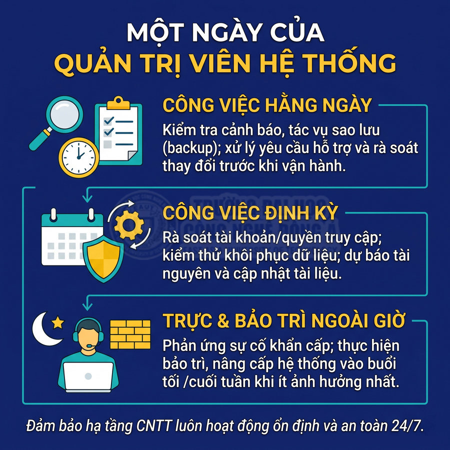 Công việc hằng ngày, định kỳ và ngoài giờ của quản trị viên hệ thống CNTT, từ sao lưu đến bảo trì hệ thống 24/7