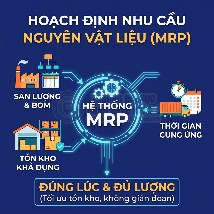 Hệ thống MRP hoạch định nhu cầu nguyên vật liệu dựa trên sản lượng, tồn kho và thời gian cung ứng.