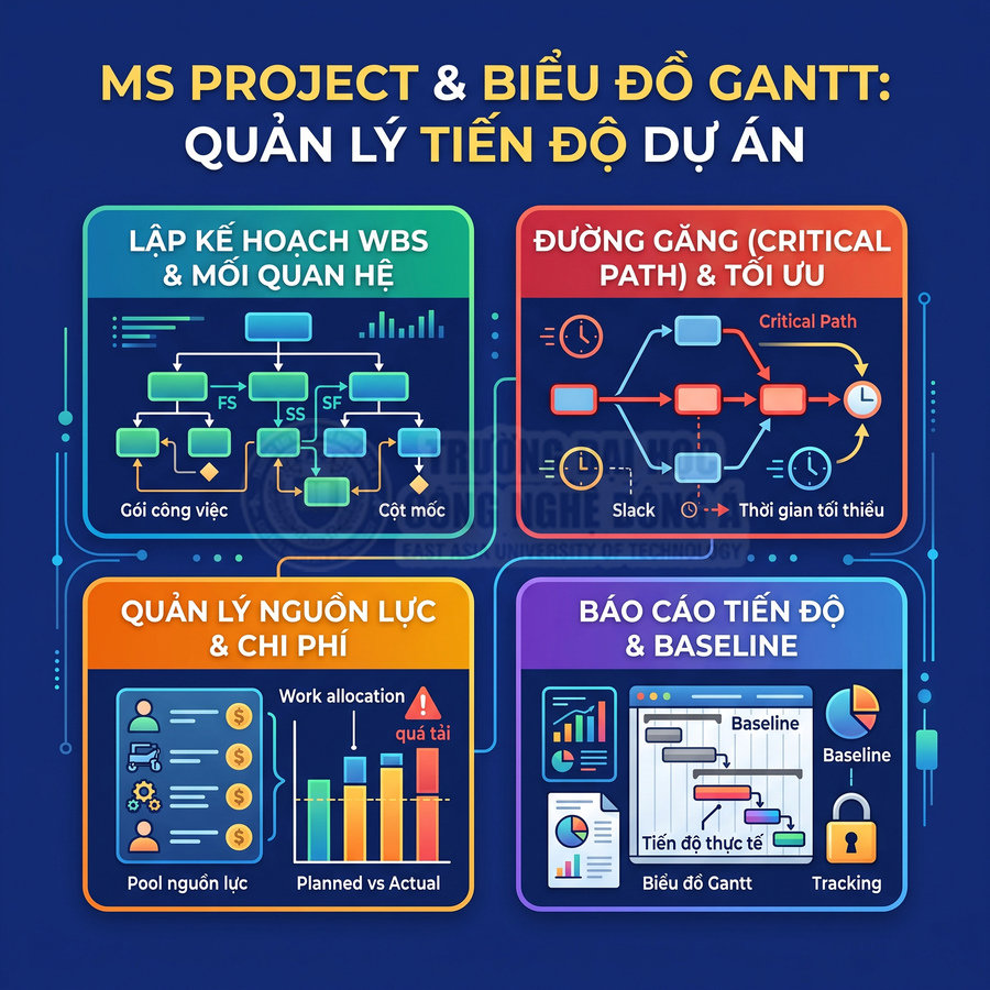 Infographic MS Project và biểu đồ Gantt về lập kế hoạch WBS, quản lý nguồn lực, chi phí và báo cáo tiến độ dự án