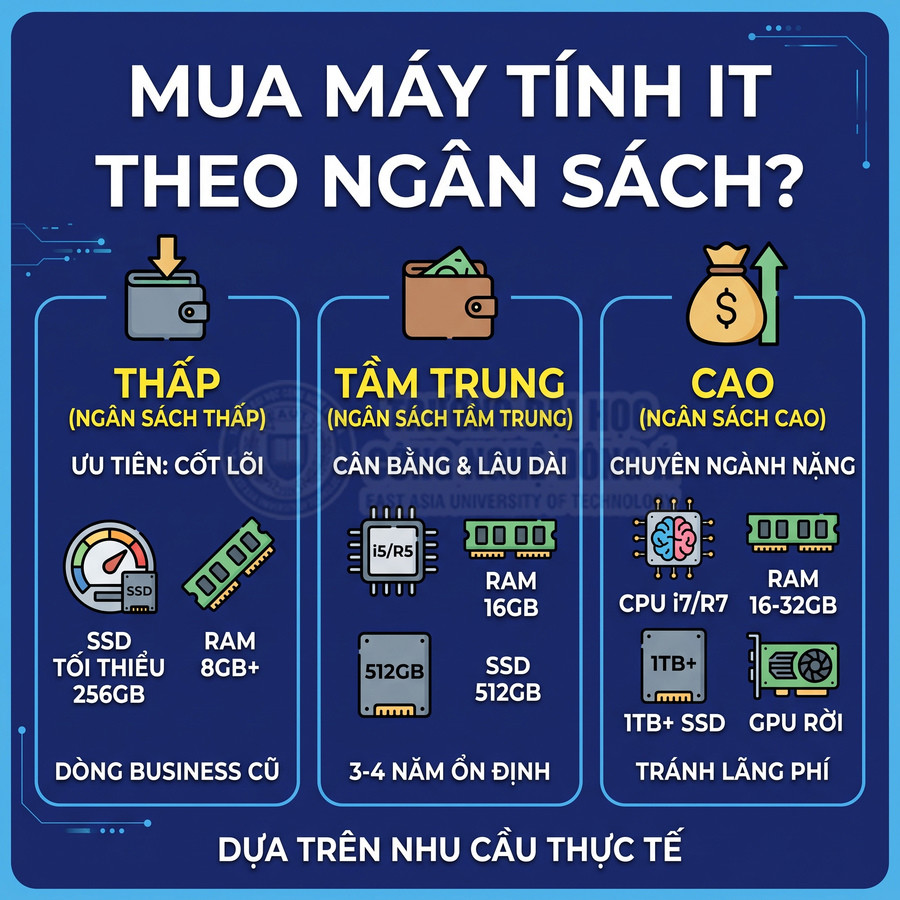 Infographic tư vấn cấu hình máy tính IT theo ngân sách thấp, tầm trung và cao với SSD, RAM, CPU, GPU rời