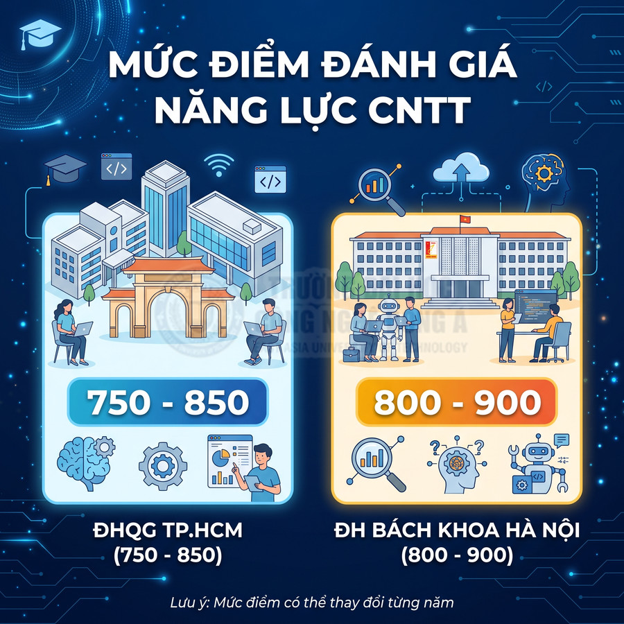 So sánh mức điểm đánh giá năng lực CNTT của ĐHQG TP.HCM 750-850 và ĐH Bách Khoa Hà Nội 800-900