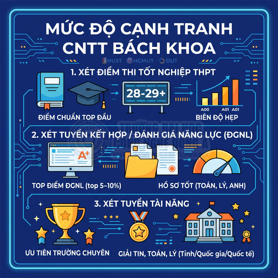 Infographic mức độ cạnh tranh ngành CNTT Bách Khoa với các phương thức xét tuyển và yêu cầu điểm cao
