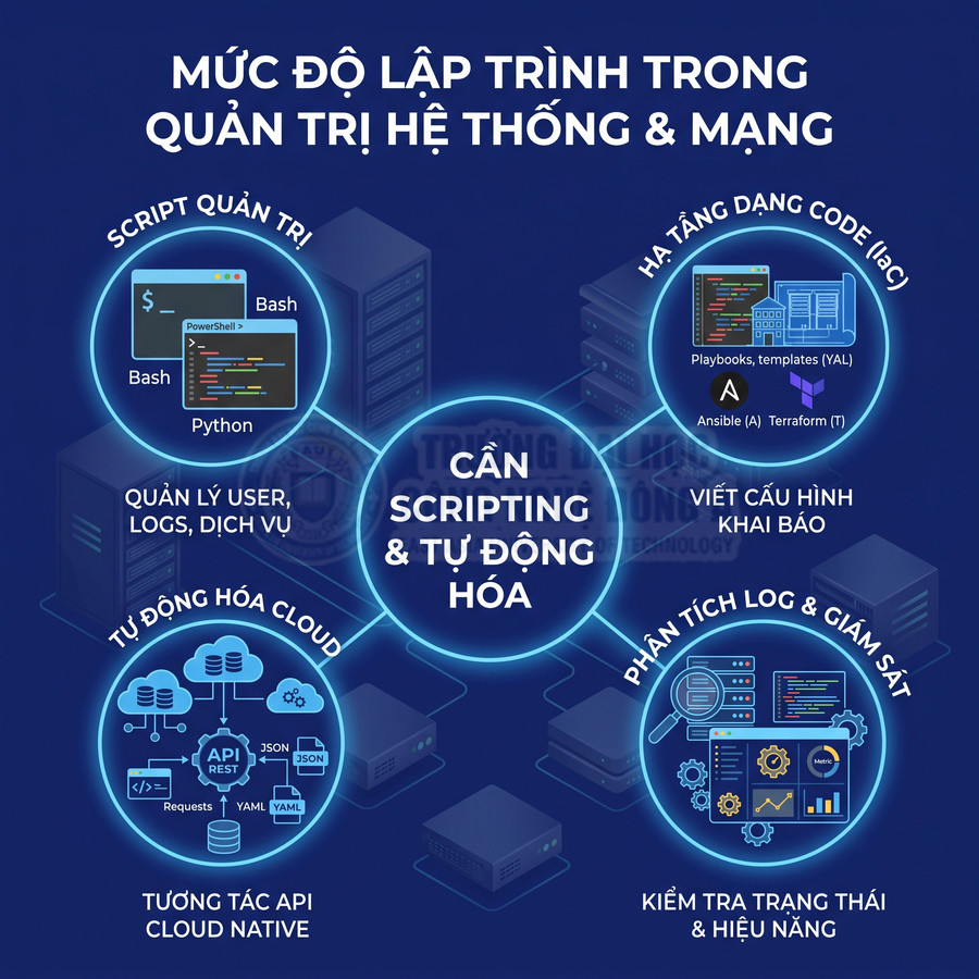 Infographic mức độ lập trình trong quản trị hệ thống mạng, nhấn mạnh kỹ năng scripting và tự động hóa IT