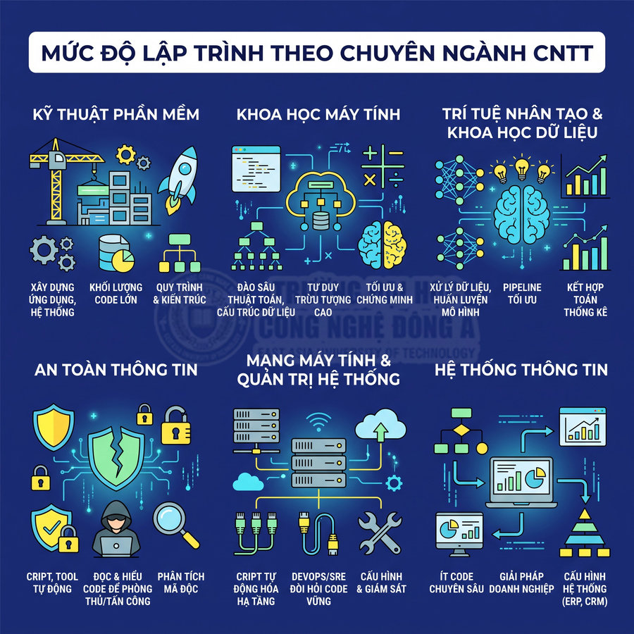 Mức độ lập trình theo chuyên ngành CNTT với các lĩnh vực phần mềm, AI, an toàn thông tin, mạng và hệ thống